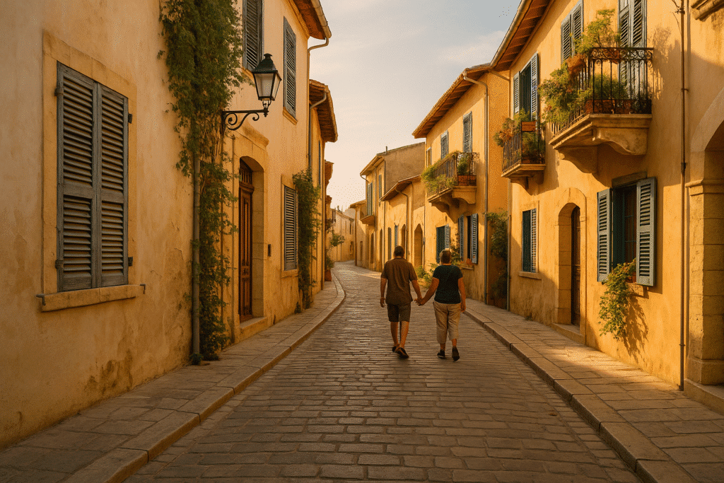 Idyllic residential street in Larnaca at golden hour