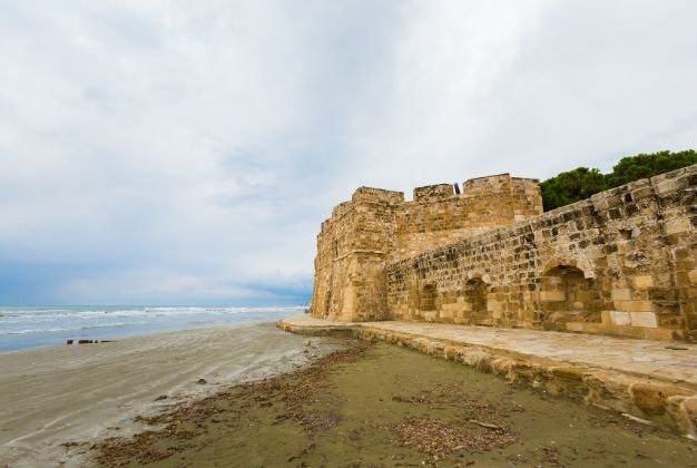 Larnaca Medieval Castle beside the beach, a historic stone fort at the end of the Finikoudes promenade in Cyprus.