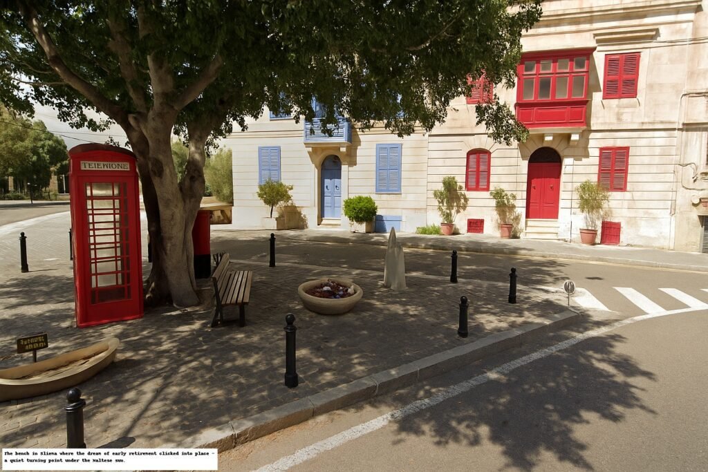 shaded stone bench and red phone box beneath historic trees