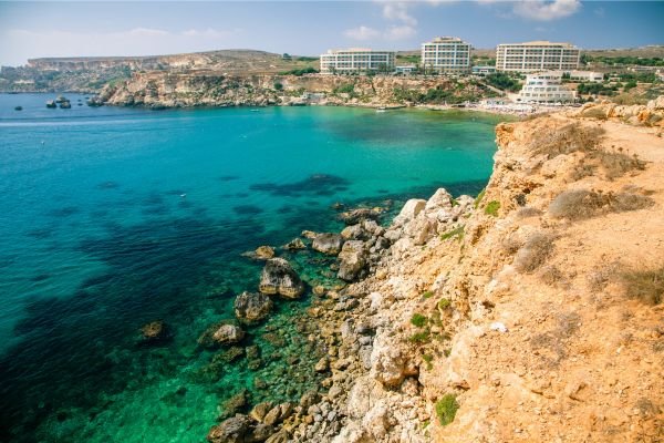 Mellieħa Bay, Malta – sandy beach and clear Mediterranean waters.