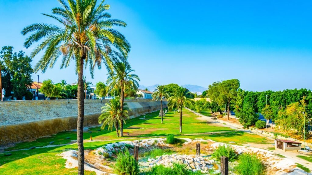 Palm trees and open parkland beside the Venetian Walls in Nicosia, Cyprus
